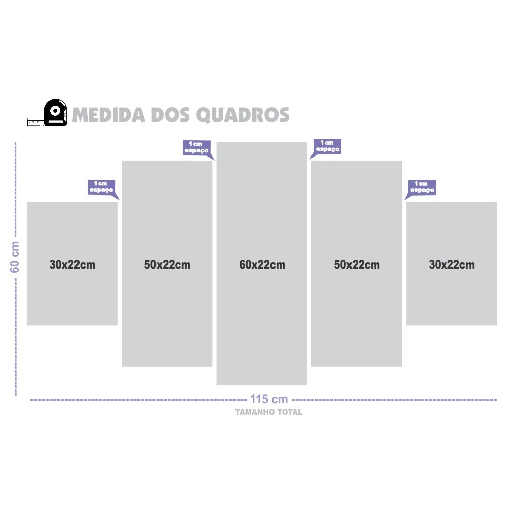 Diagrama de medidas do kit 5 quadros